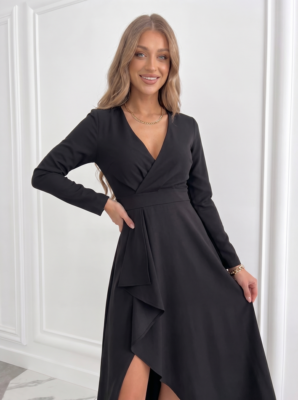 Black V-Neck Sheath Midi Dress Women UK – Formal Occasion Wedding Guest Evening Gown, Cocktail