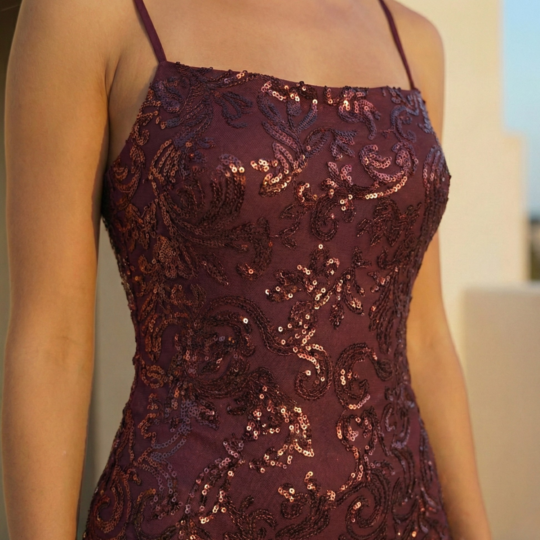 Burgundy Sequin Mini Dress with Strappy Design for Party Wear