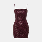 Burgundy Sequin Mini Dress with Strappy Design for Party Wear