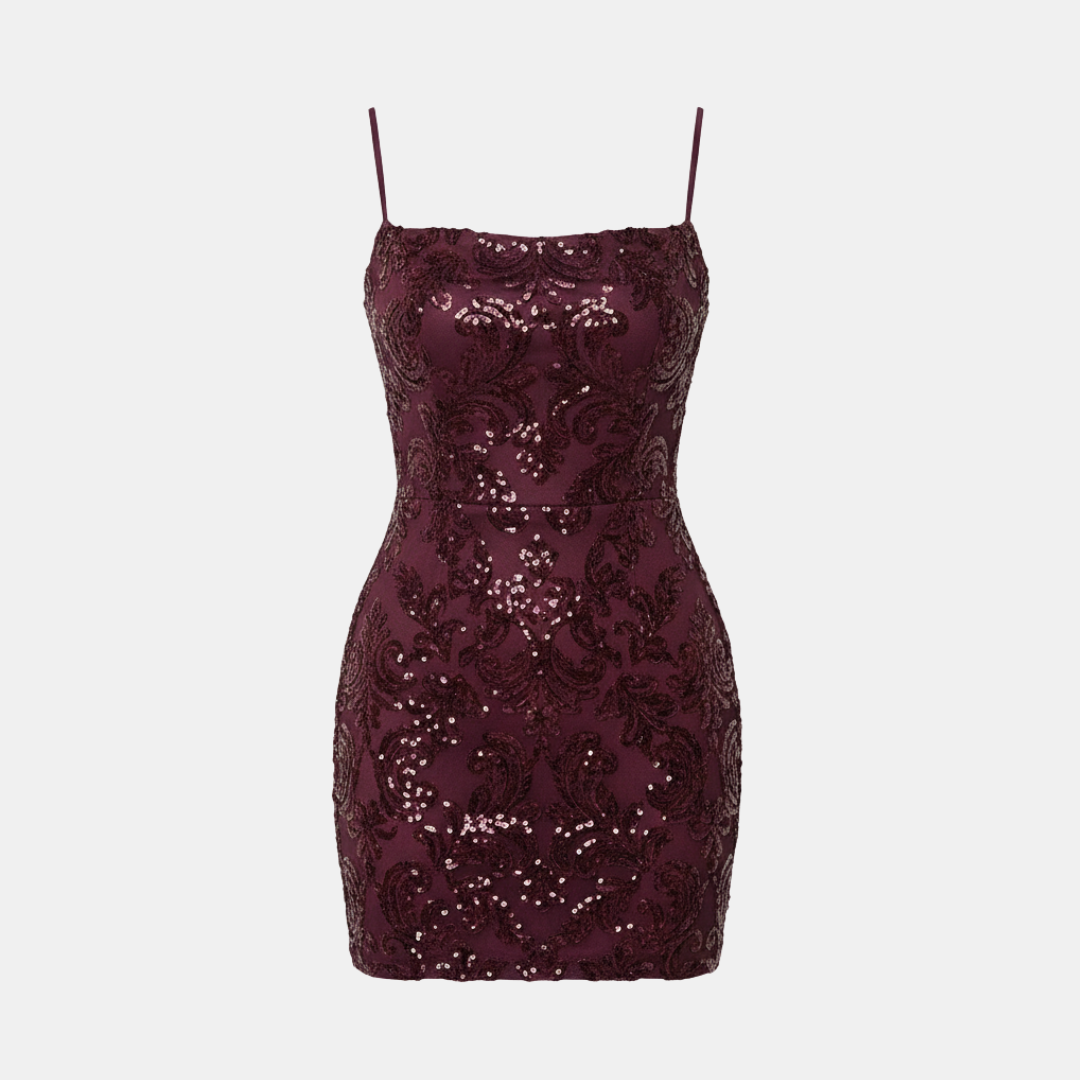 Burgundy Sequin Mini Dress with Strappy Design for Party Wear