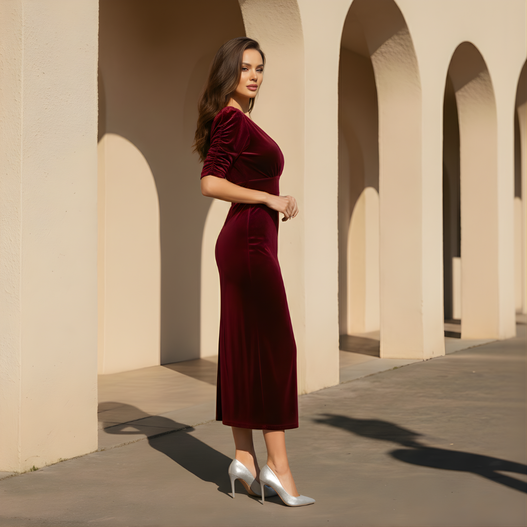 Burgundy Velvet Midi Cocktail Dress for Women - Elegant Evening Wear