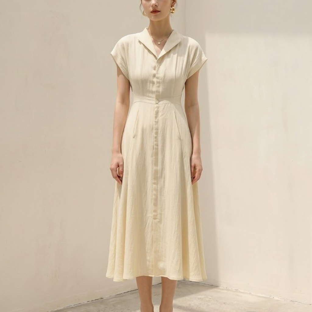 Cotton Linen Midi Dress for Women - Tailored Shirt Style, Casual Wear