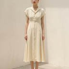 Cotton Linen Midi Dress for Women - Tailored Shirt Style, Casual Wear