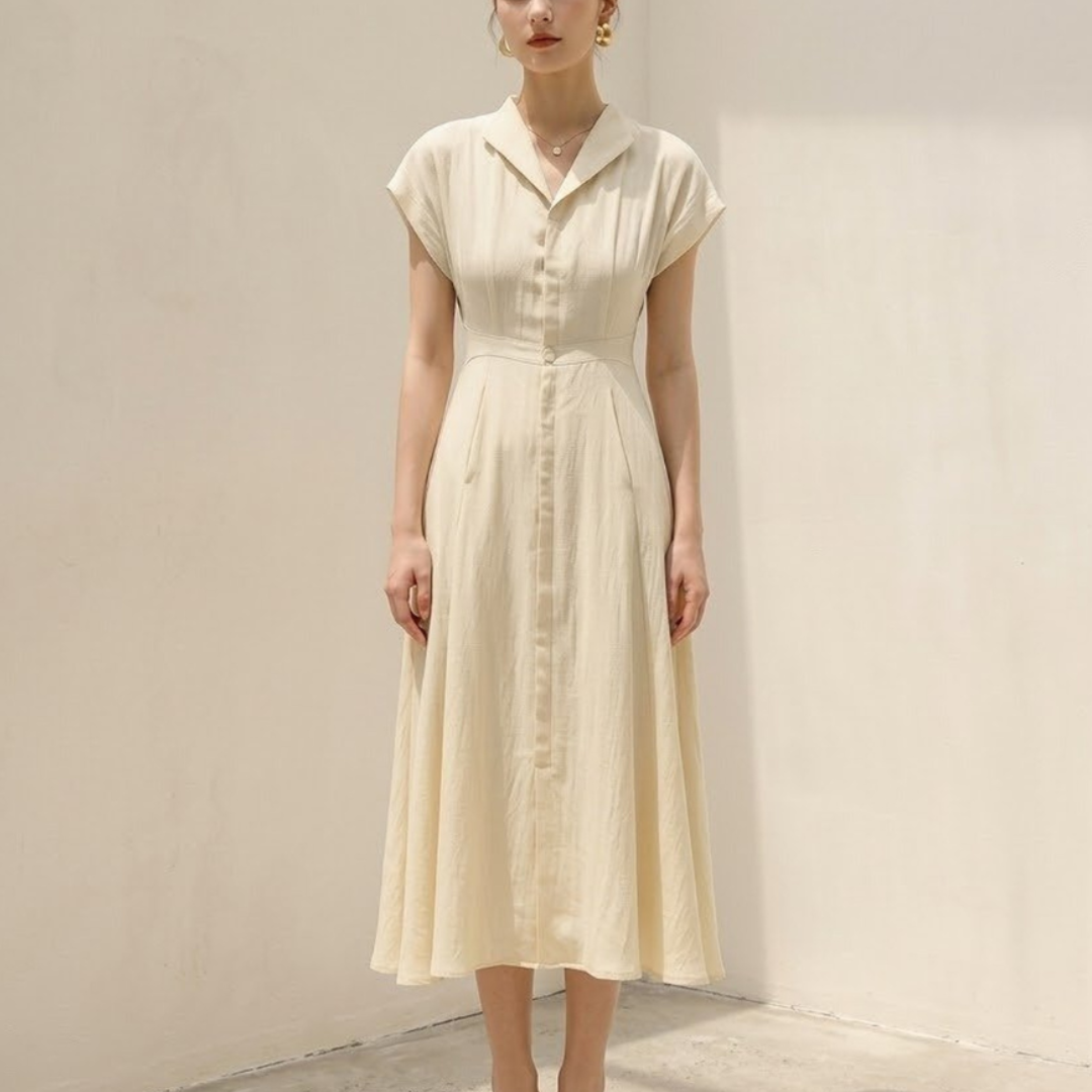 Cotton Linen Midi Dress for Women - Tailored Shirt Style, Casual Wear