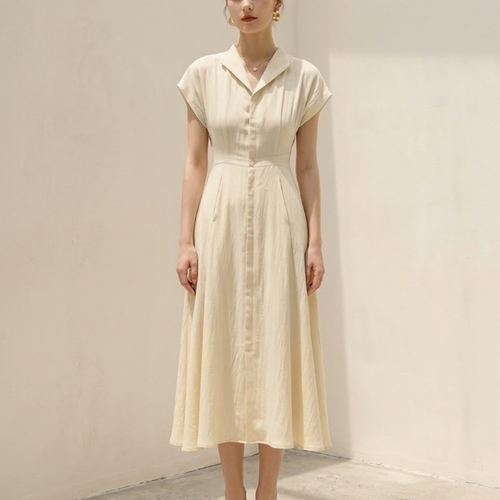 Cotton Linen Midi Dress for Women - Tailored Shirt Style, Casual Wear