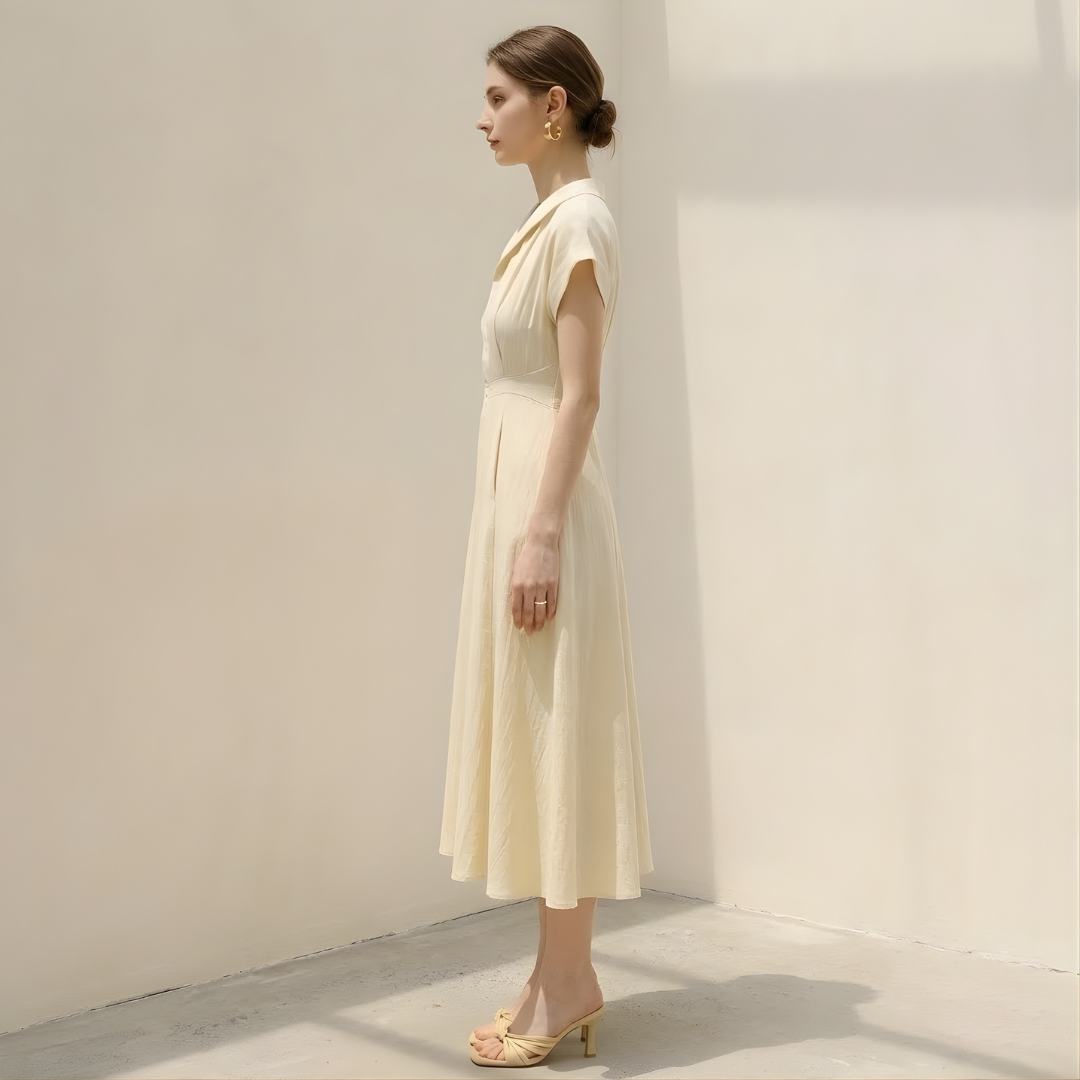 Cotton Linen Midi Dress for Women - Tailored Shirt Style, Casual Wear
