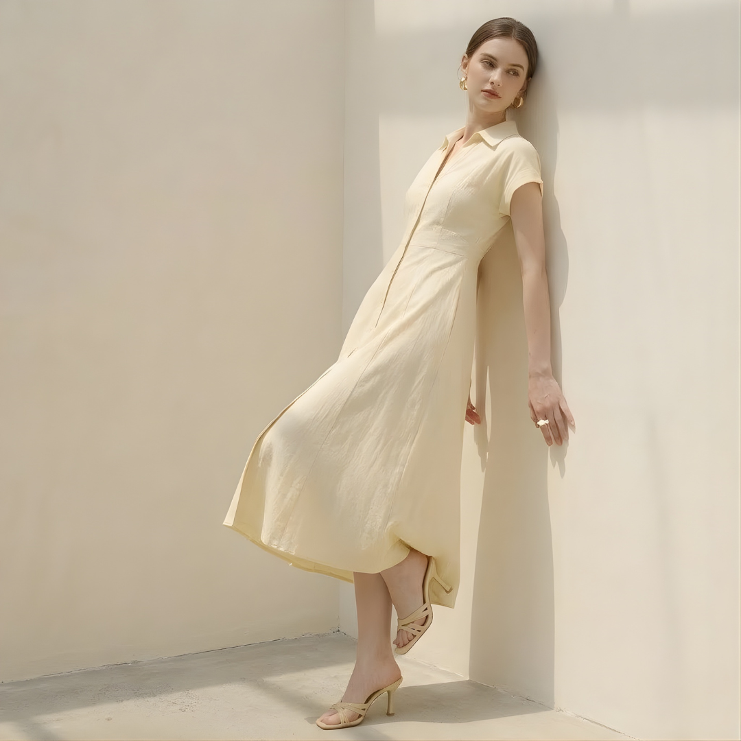 Cotton Linen Midi Dress for Women - Tailored Shirt Style, Casual Wear