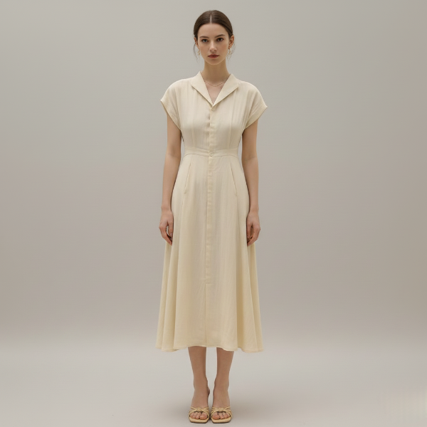 Cotton Linen Midi Dress for Women - Tailored Shirt Style, Casual Wear