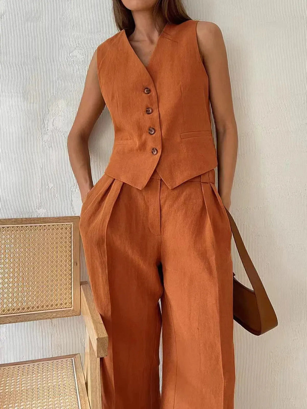 Cotton Linen Two-Piece Outfit for Casual Wear and Relaxation