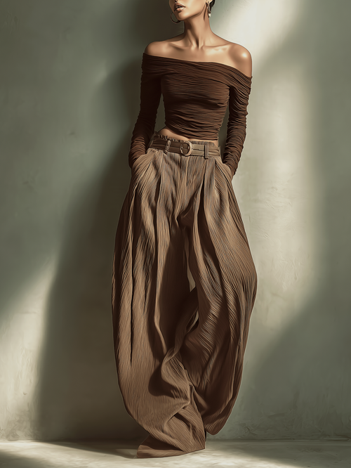Dark Brown Off-the-shoulder Fitted Top Women UK – Smart Casual Brunch Holiday Outfit, Co-ord Set with Matching Wide-leg Trousers