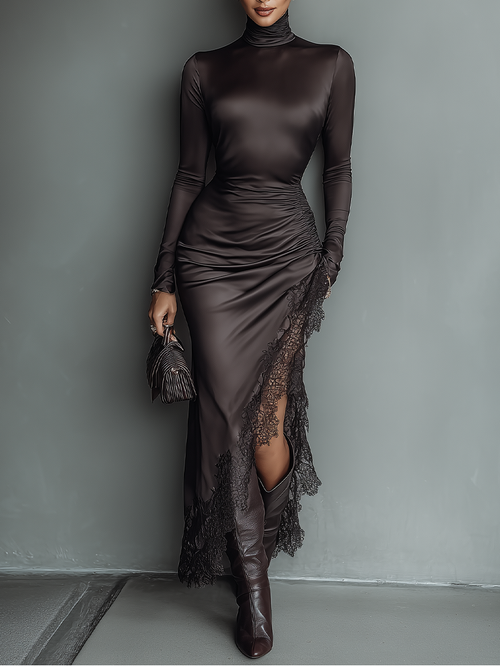 Dark Brown Satin Irregular Hem Lace Maxi Dress Women UK – Wedding Guest Cocktail Evening Gown