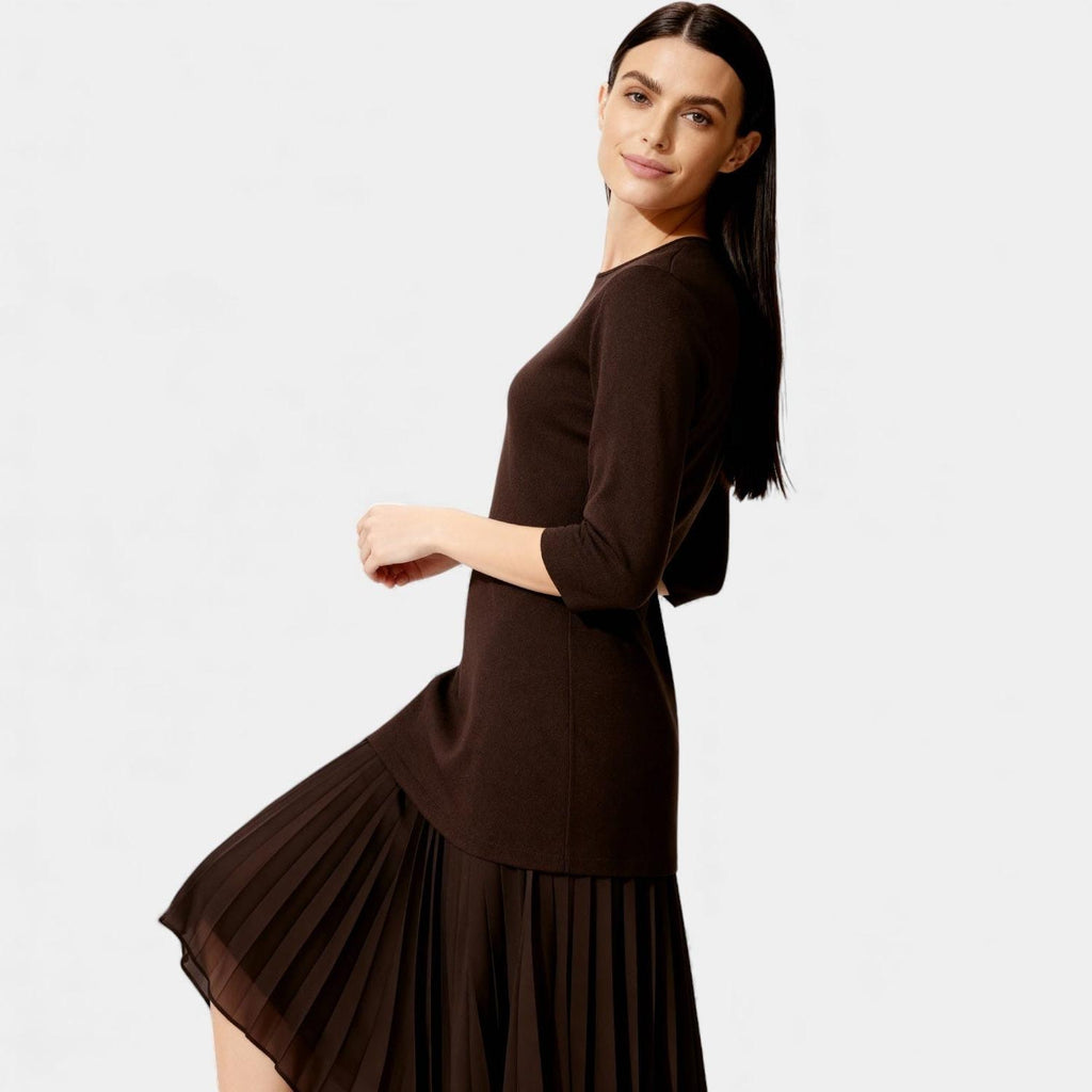 Elegant Pleated Knit Midi Dress for Women - Long Sleeve Casual Wear