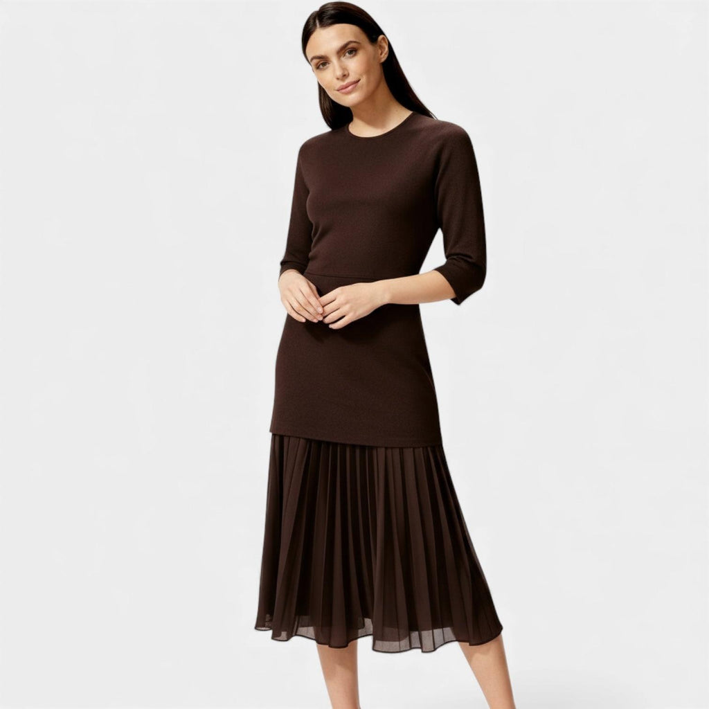 Elegant Pleated Knit Midi Dress for Women - Long Sleeve Casual Wear
