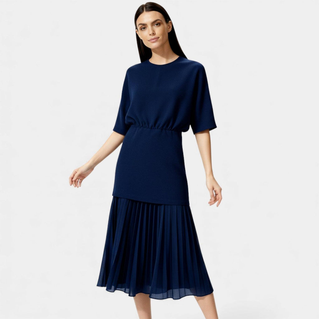 Elegant Pleated Knit Midi Dress for Women - Long Sleeve Casual Wear