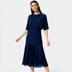Elegant Pleated Knit Midi Dress for Women - Long Sleeve Casual Wear