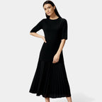 Elegant Pleated Knit Midi Dress for Women - Long Sleeve Casual Wear