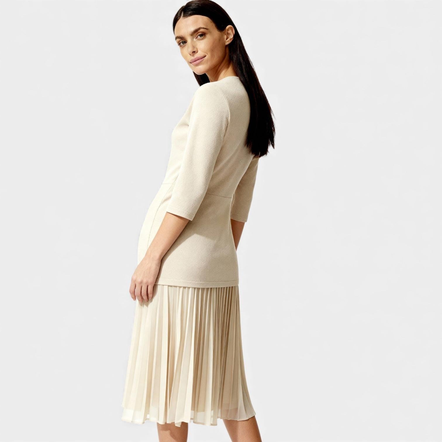 Elegant Pleated Knit Midi Dress for Women - Long Sleeve Casual Wear
