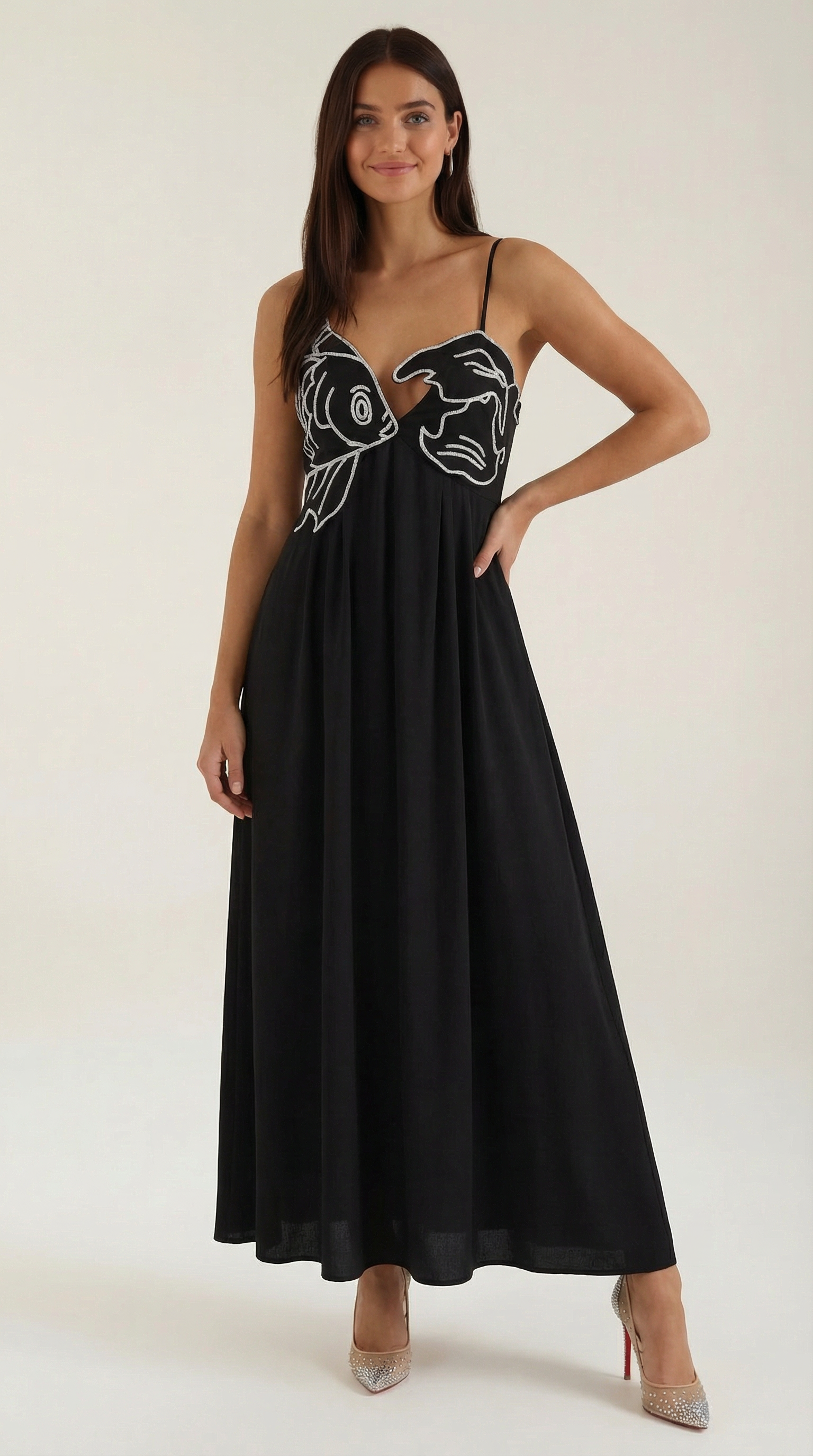 Embroidered Maxi Dress - Floral Design - Elegant Evening Wear - Women's Apparel