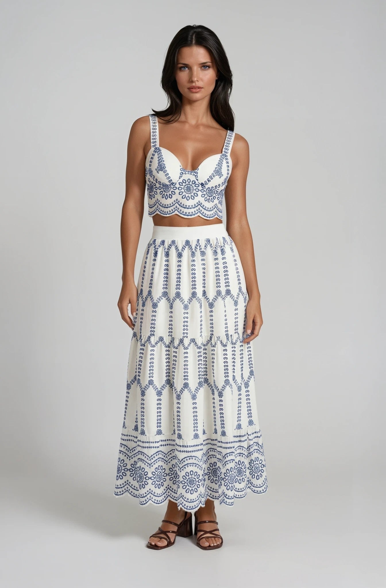 Embroidered Sleeveless Tie Back Skirt Set - Women's Summer Outfit