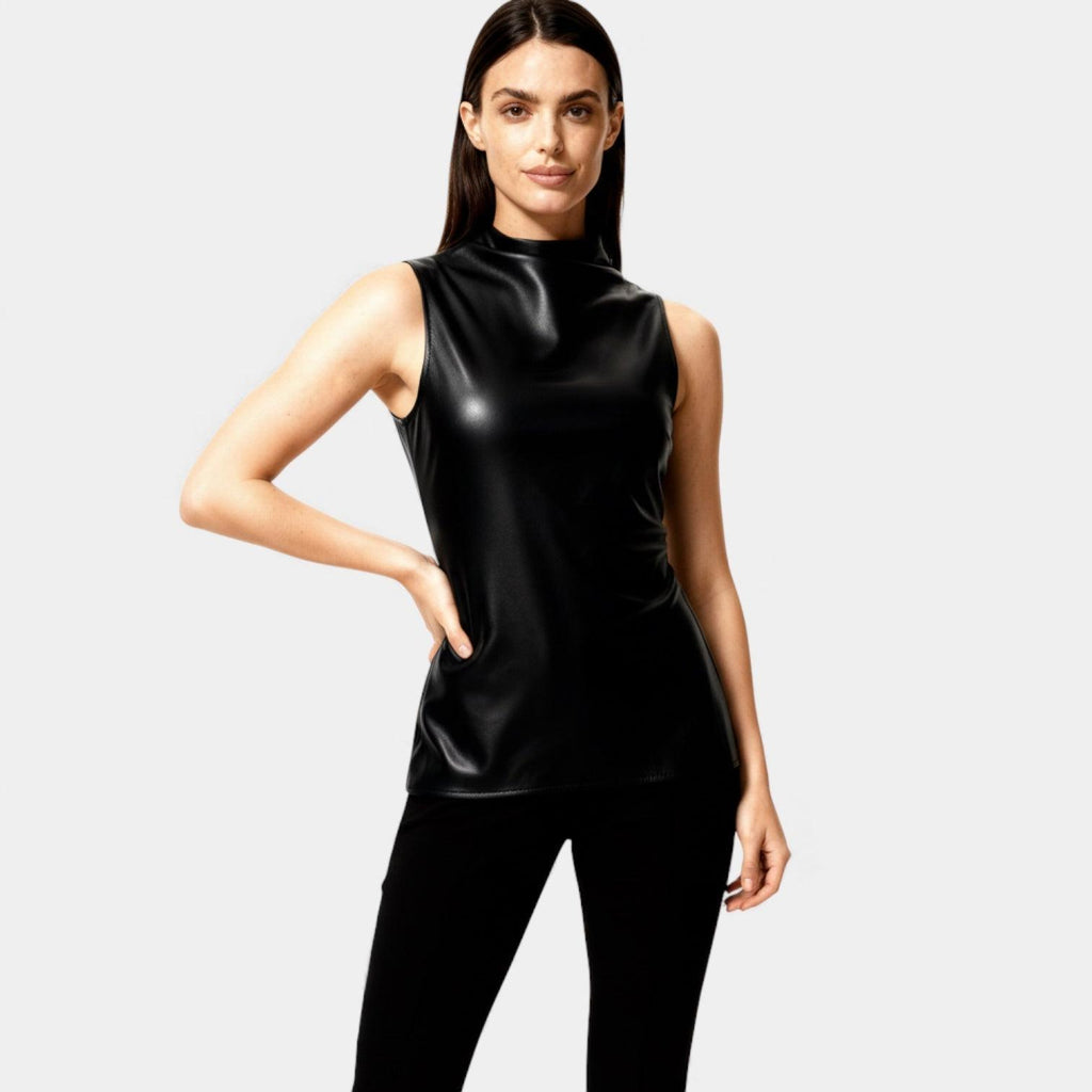 Faux Leather Sleeveless Mock Neck Top for Women - Stylish and Versatile Casual Wear