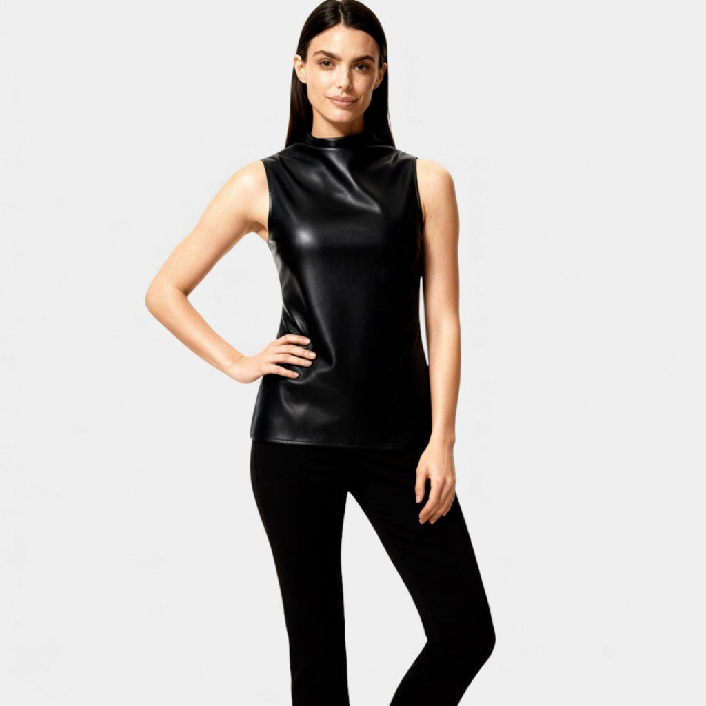 Faux Leather Sleeveless Mock Neck Top for Women - Stylish and Versatile Casual Wear