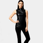 Faux Leather Sleeveless Mock Neck Top for Women - Stylish and Versatile Casual Wear