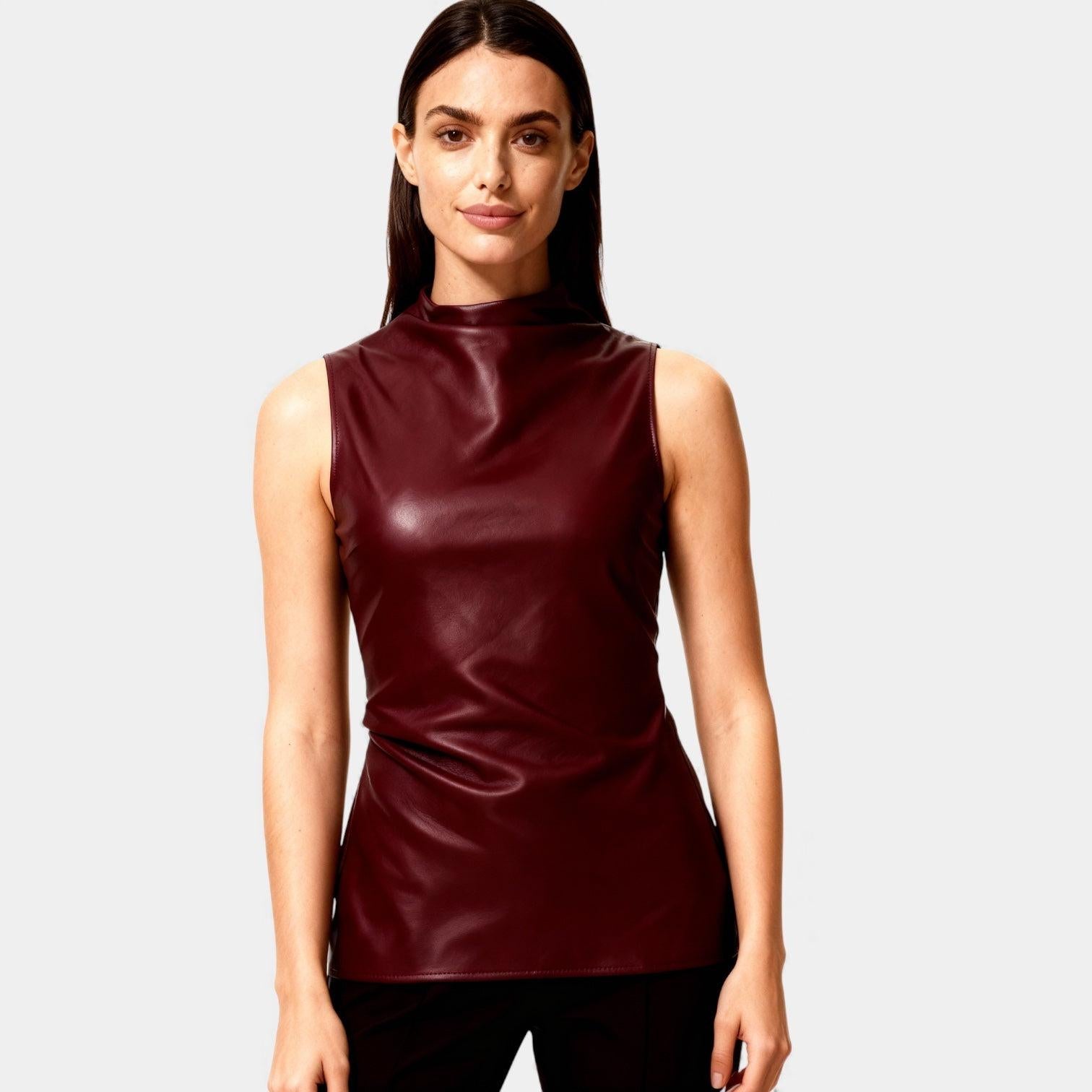 Faux Leather Sleeveless Mock Neck Top for Women - Stylish and Versatile Casual Wear