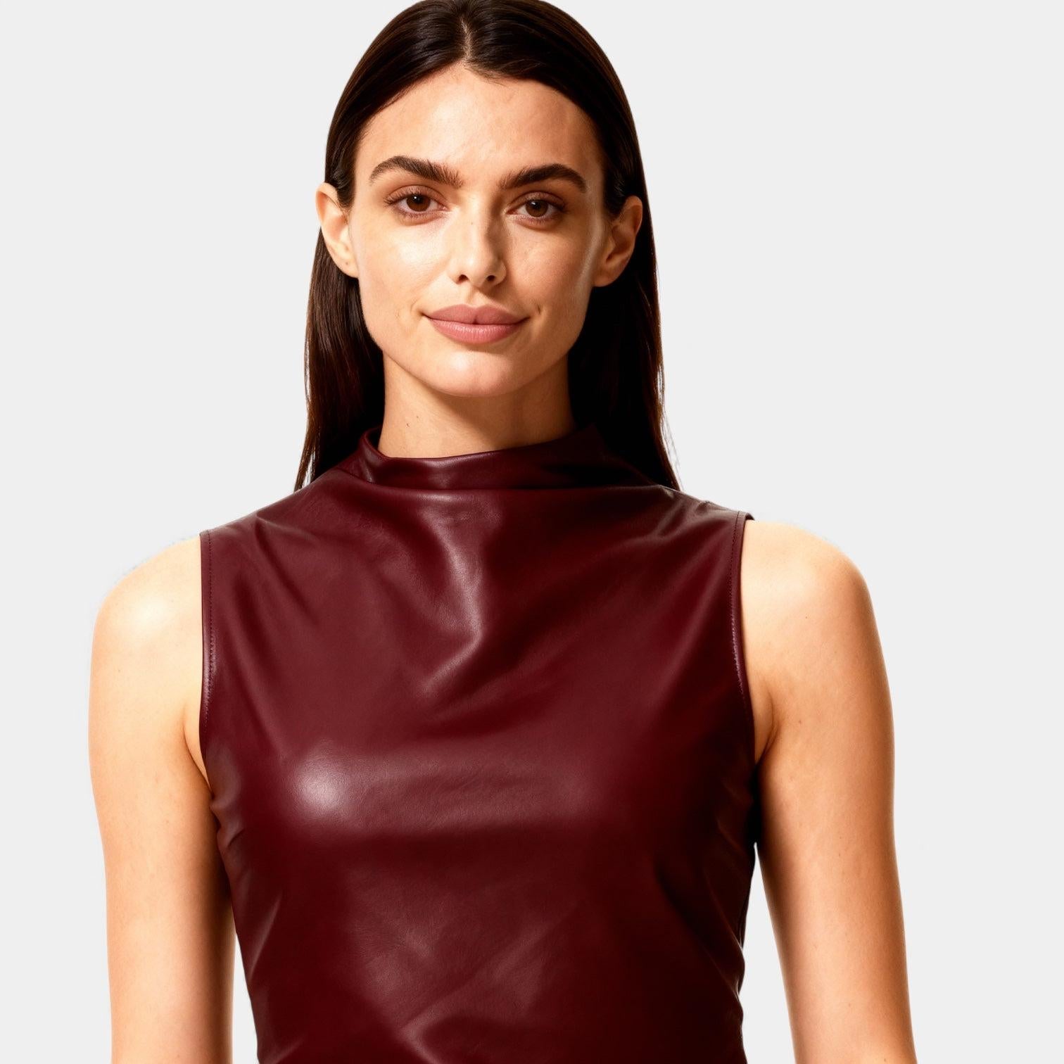 Faux Leather Sleeveless Mock Neck Top for Women - Stylish and Versatile Casual Wear