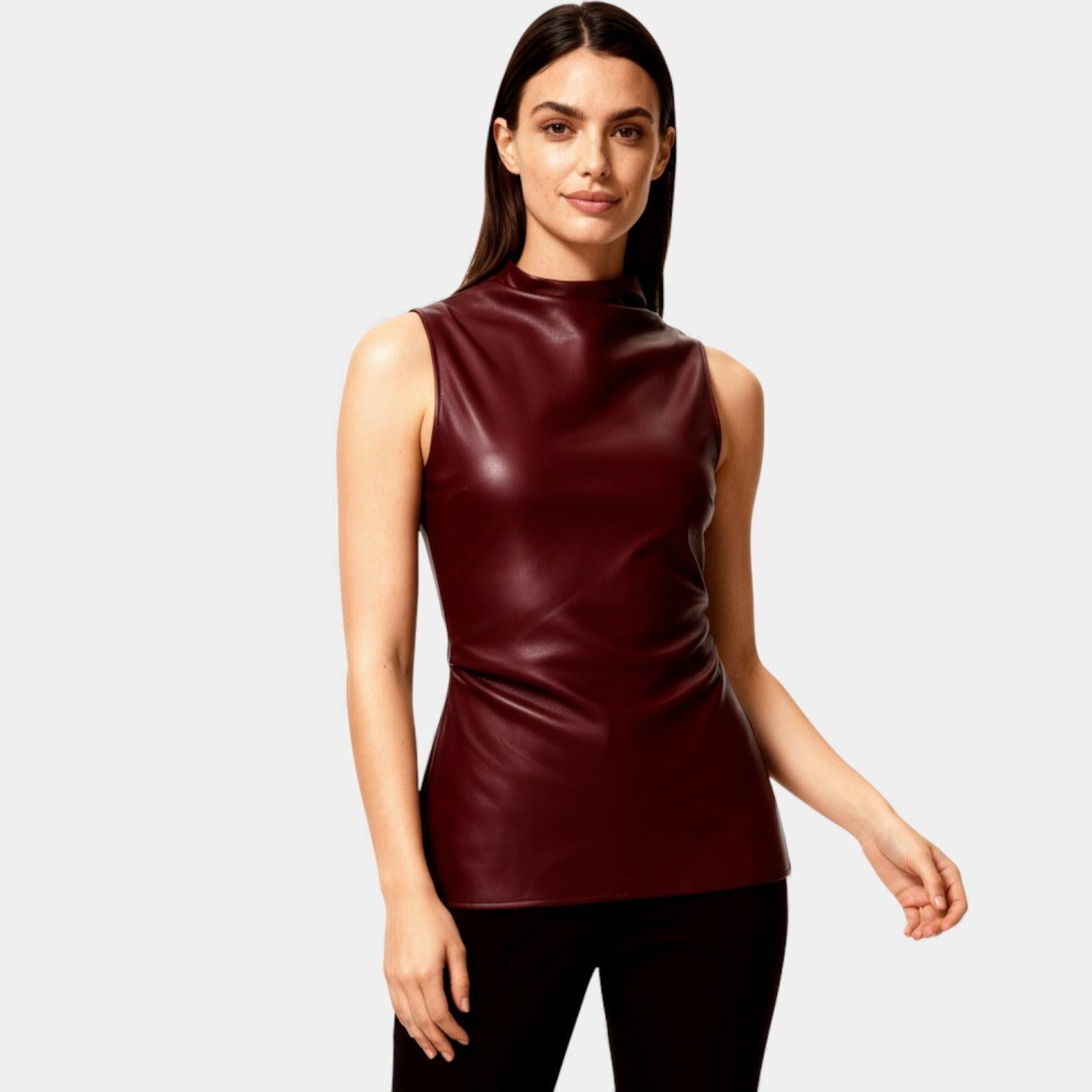 Faux Leather Sleeveless Mock Neck Top for Women - Stylish and Versatile Casual Wear