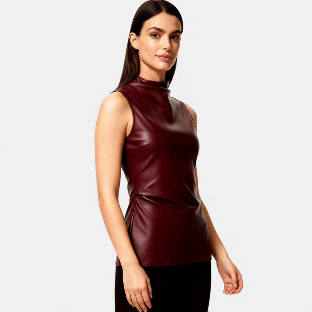 Faux Leather Sleeveless Mock Neck Top for Women - Stylish and Versatile Casual Wear