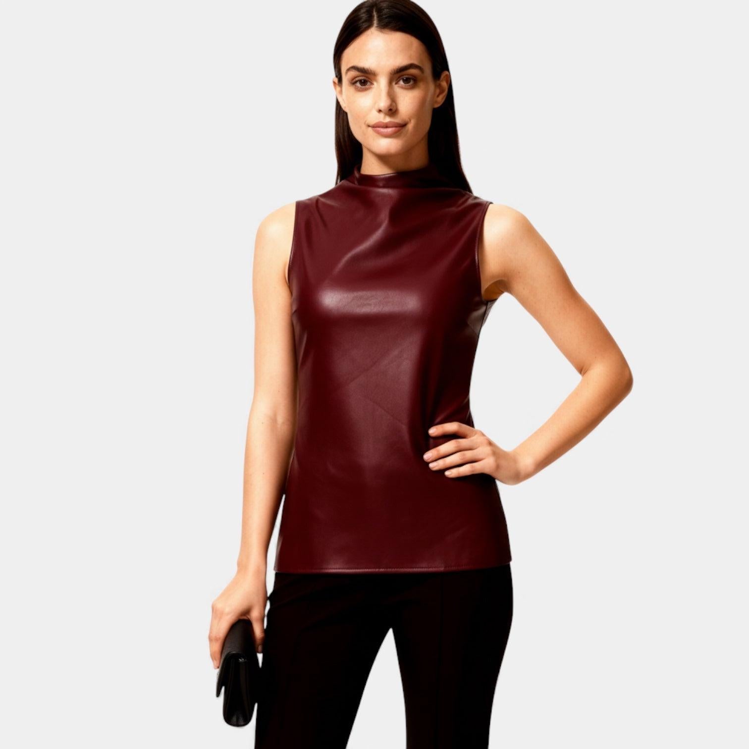 Faux Leather Sleeveless Mock Neck Top for Women - Stylish and Versatile Casual Wear