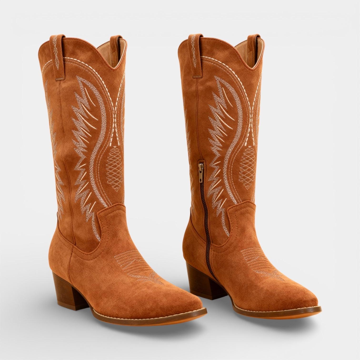 Faux Suede Block Heel Cowboy Boots for Women - Stylish Western Footwear for Casual and Everyday Wear
