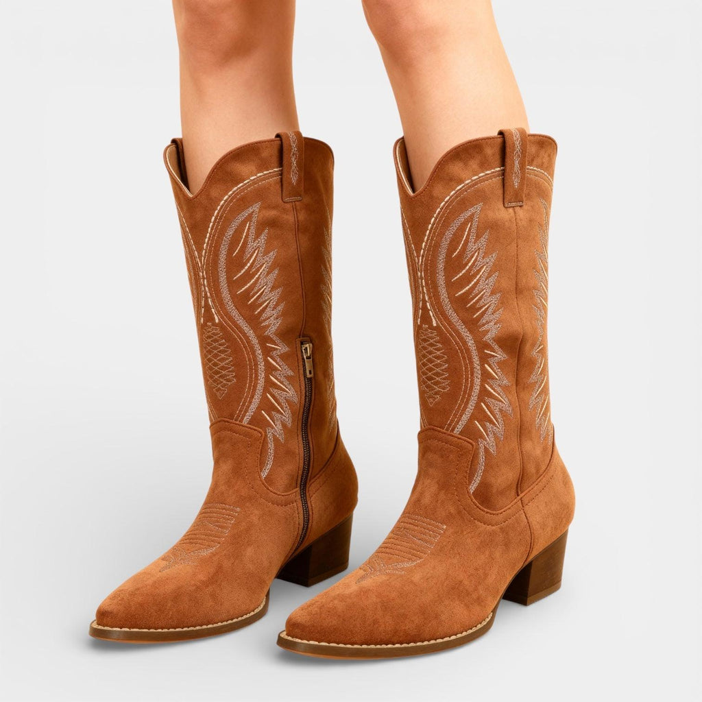Faux Suede Block Heel Cowboy Boots for Women - Stylish Western Footwear for Casual and Everyday Wear