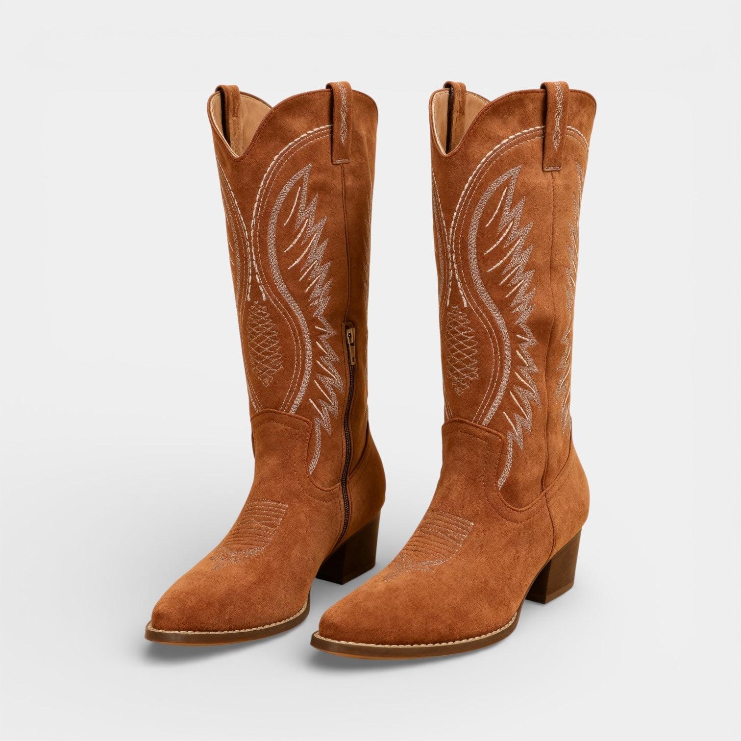 Faux Suede Block Heel Cowboy Boots for Women - Stylish Western Footwear for Casual and Everyday Wear