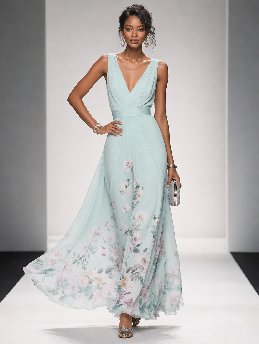 Floral Maxi Dress Women UK – Sleeveless V-Neck Wide Straps Dress, Garden Party Summer Holiday