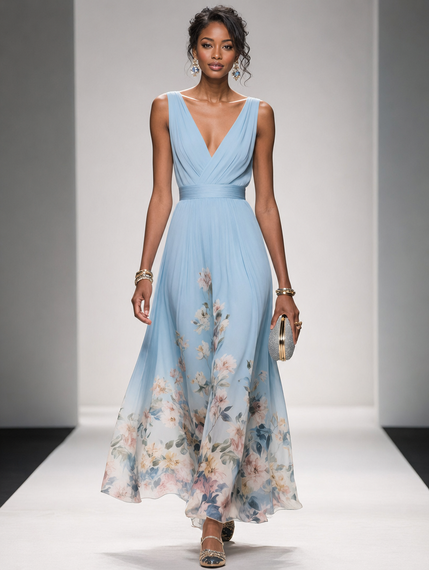 Floral Maxi Dress Women UK – Sleeveless V-Neck Wide Straps Dress, Garden Party Summer Holiday