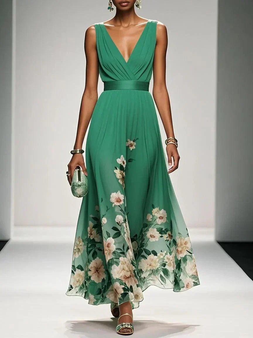 Floral Maxi Dress for Women - Sleeveless V-Neck, Wide Straps, Waistband - Ideal for Summer Events and Casual Wear