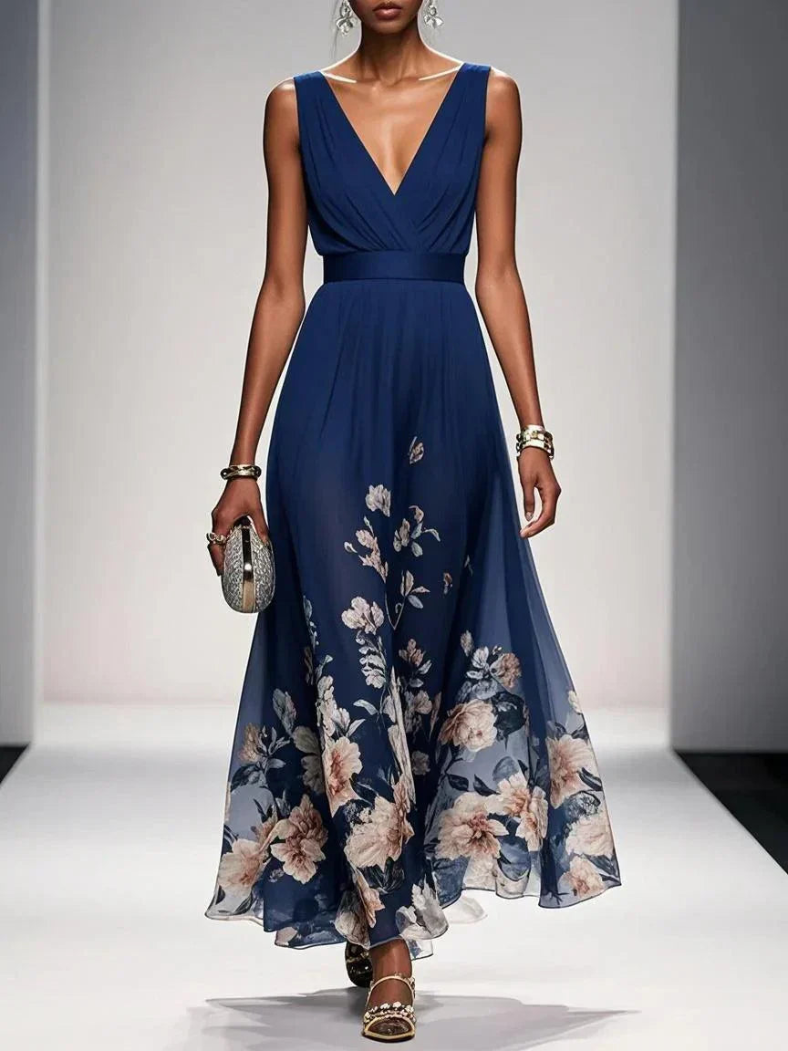 Floral Maxi Dress for Women - Sleeveless V-Neck, Wide Straps, Waistband - Ideal for Summer Events and Casual Wear
