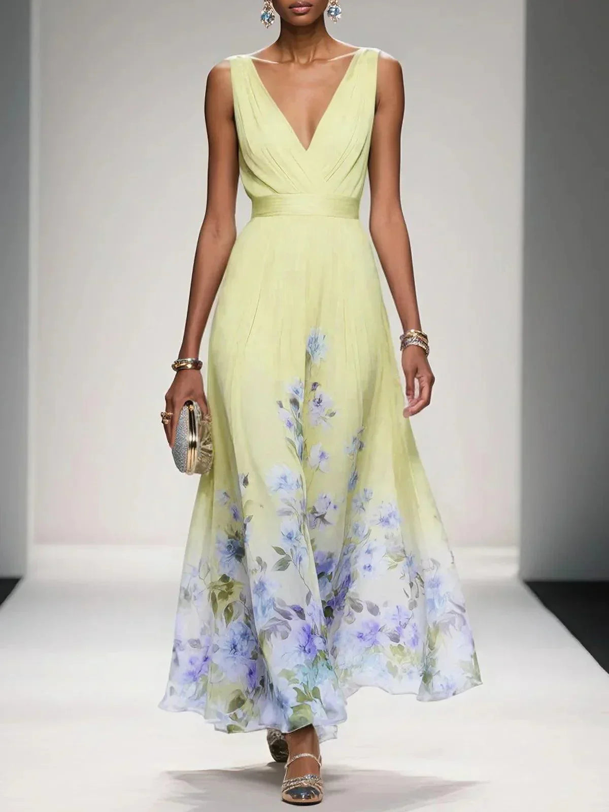 Floral Maxi Dress for Women - Sleeveless V-Neck, Wide Straps, Waistband - Ideal for Summer Events and Casual Wear