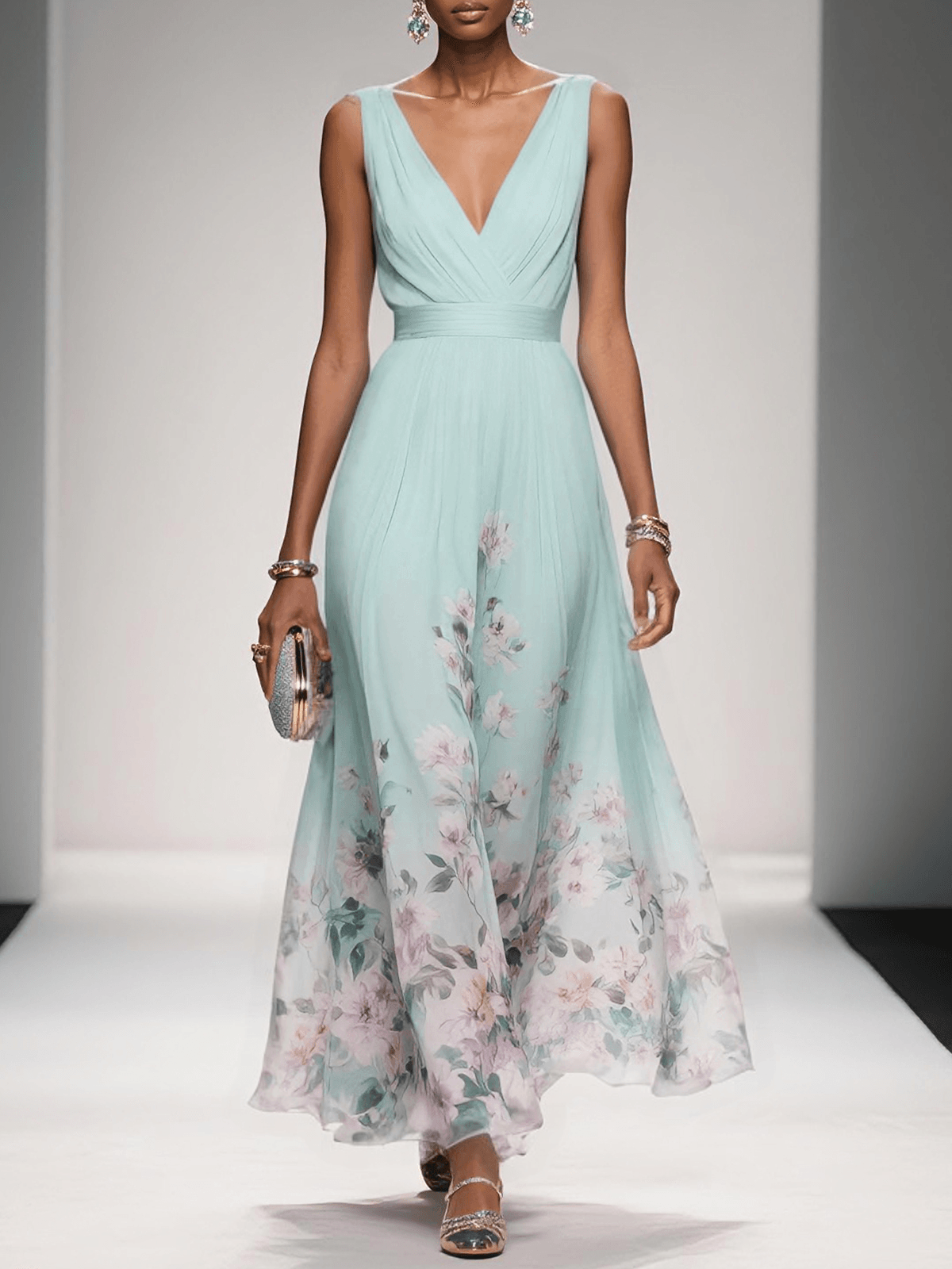 Floral Maxi Dress for Women - Sleeveless V-Neck, Wide Straps, Waistband - Ideal for Summer Events and Casual Wear