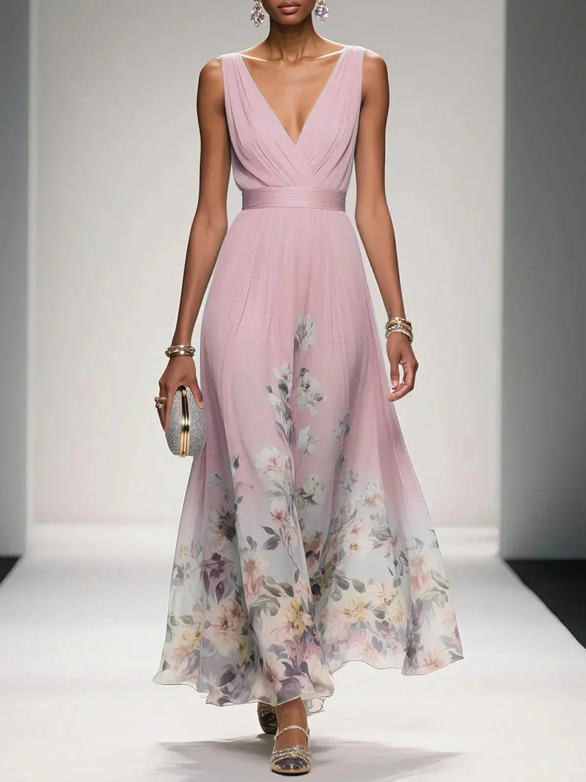 Floral Maxi Dress for Women - Sleeveless V-Neck, Wide Straps, Waistband - Ideal for Summer Events and Casual Wear