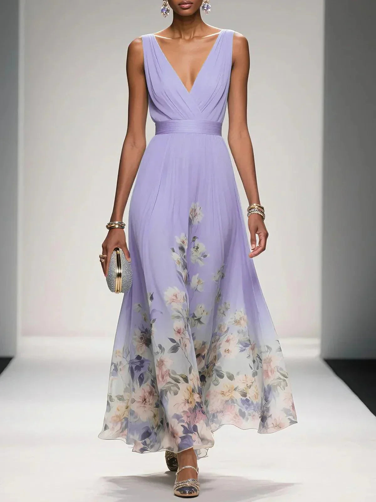 Floral Maxi Dress for Women - Sleeveless V-Neck, Wide Straps, Waistband - Ideal for Summer Events and Casual Wear