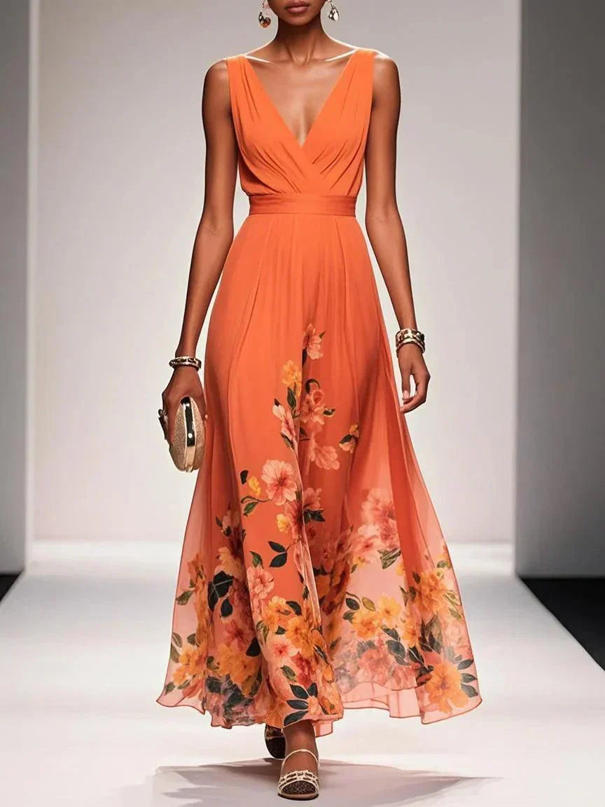 Floral Maxi Dress for Women - Sleeveless V-Neck, Wide Straps, Waistband - Ideal for Summer Events and Casual Wear