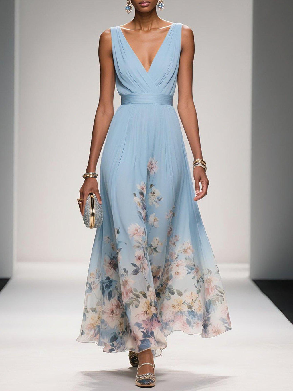 Floral Maxi Dress for Women - Sleeveless V-Neck, Wide Straps, Waistband - Ideal for Summer Events and Casual Wear