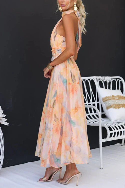 Floral Maxi Halter Dress for Women - Lightweight Summer Evening Wear