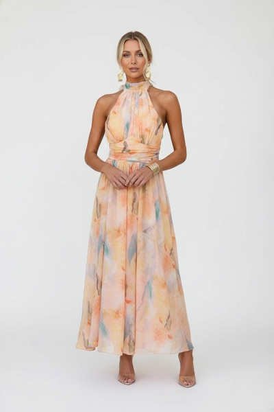 Floral Maxi Halter Dress for Women - Lightweight Summer Evening Wear