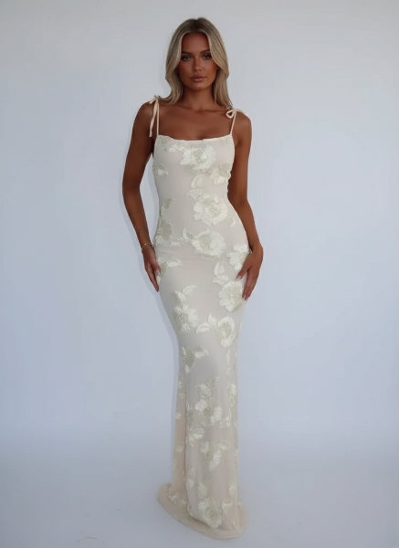 Floral Print Maxi Dress - Lightweight Fabric - Elegant Evening Gown - Women's Wear