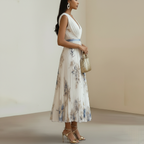 Floral Print Midi Dress for Women - Blue and White Elegant Ceremony Dress for Weddings and Special Events