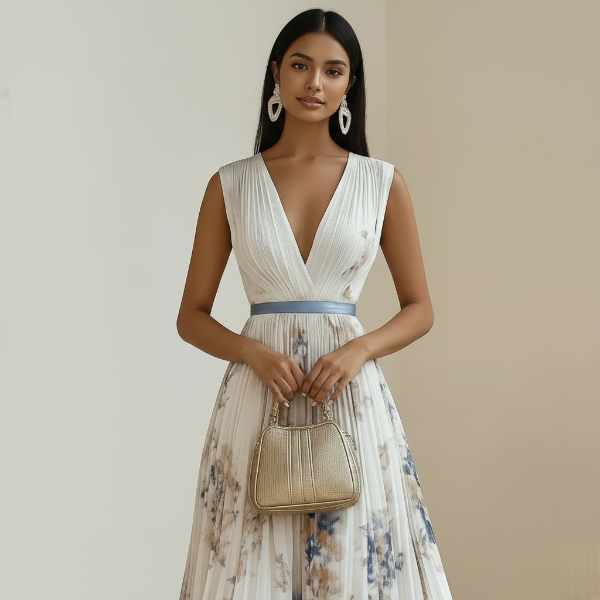 Floral Print Midi Dress for Women - Blue and White Elegant Ceremony Dress for Weddings and Special Events