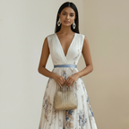 Floral Print Midi Dress for Women - Blue and White Elegant Ceremony Dress for Weddings and Special Events